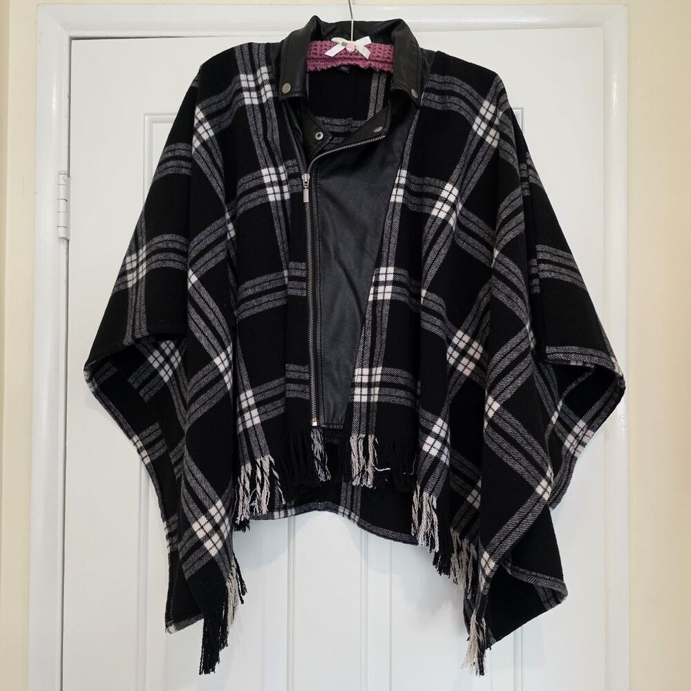 Rock & Republic Wool Plaid Poncho Cape Jacket Faux Leather Collar Fringe XS/S